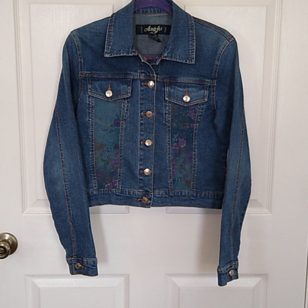 Vintage Angfu Denim Jean Jacket Floral Accents L